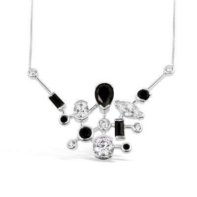 Sterling Silver Necklace Box Chain 18 In. Mix Shape+ Clear & Black Cubic Zirconia