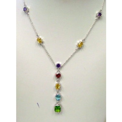 Sterling Silver Necklace Ame Cubic Zirconia Round+Garnet Cubic Zirconia Heart+Yellow.Cubic Zirconia Oval+A