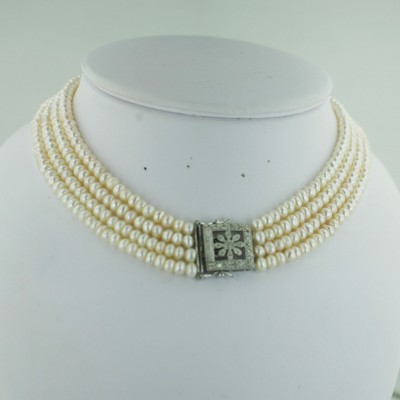 Sterling Silver Necklace 4 Strand White Fresh Water Pearl with Flower Motif Pave