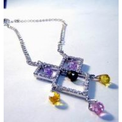 Sterling Silver Necklace Triple Clear Cubic Zirconia Rhombus with Pink+Lv+Yellow+Olivine