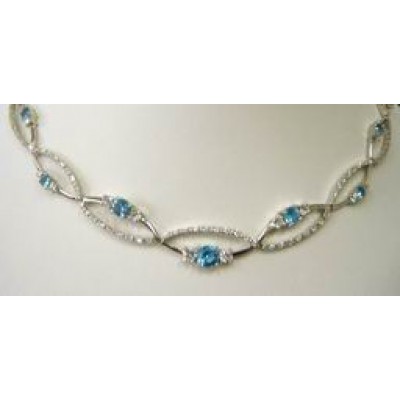 Sterling Silver Necklace Plain (W3 Aqua Marine +Cz) +Cubic Zirconia Wave Line Links with