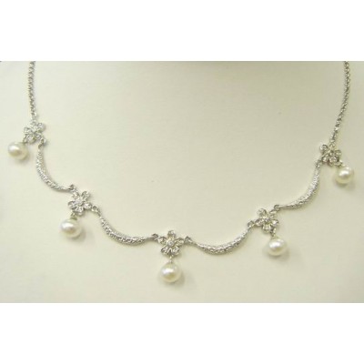 Sterling Silver Necklace Clear Cubic Zirconia Flower with White Fresh Water Pearl Dangle