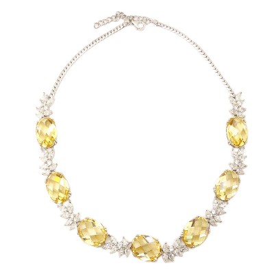 Sterling Silver Necklace Clear Cubic Zirconia Top+Cn Yellow Cubic Zirconia Chess Cut Pineap