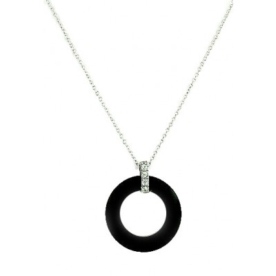 Sterling Silver Necklace Onyx Donut with Clear Cubic Zirconia+16" Chain