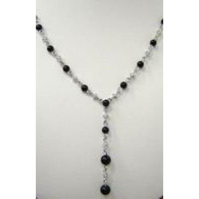Sterling Silver Necklace (Y Shape) 12 Black Onyx with Round Cubic Zirconia