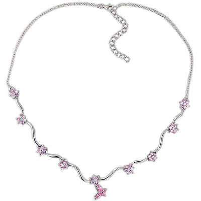 Sterling Silver Necklace 9 Pink Cubic Zirconia Small Flower+Butterfly