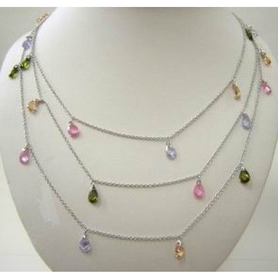 Sterling Silver Necklace 28 Pink,Champagne,Olivine,Lv Cubic Zirconia Chess Cut Tear Drop Bro