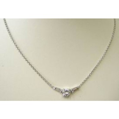 Sterling Silver Necklace 7mm Round Clear Cubic Zirconia with Baguette 16"+2"