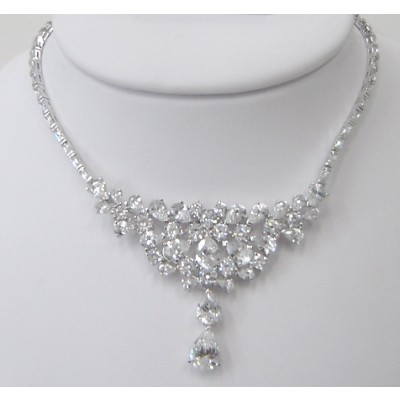 Sterling Silver Necklace Clear Cubic Zirconia Tear Drop with Baguette (Match 2S-251