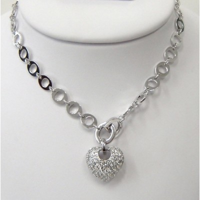 Sterling Silver Necklace Pave Heart with Basketweave Open Back