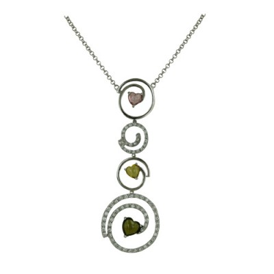 Sterling Silver Necklace Plain+Cubic Zirconia Swirl with 3 Olivine,Pink,Citrine Cabochon