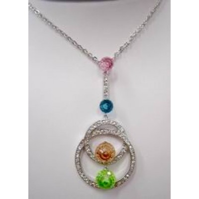 Sterling Silver Necklace Double Cubic Zirconia Circle with Pink,Aqua Marine, Champagne,Lg Cubic Zirconia Broile