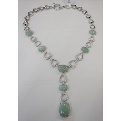 Sterling Silver Necklace Plain+Cubic Zirconia Trillion Links with Green.Jade