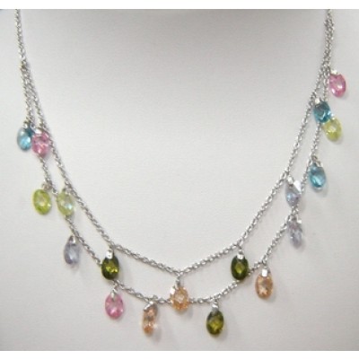 Sterling Silver Necklace 2 Strand Drape with 17 Pink,Olivine,Lv,Aqua Marine .Lg,C