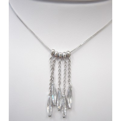 Sterling Silver Necklace 5 Dangling Clear Cubic Zirconia Marquis with Box Chain