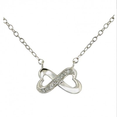 Sterling Silver Necklace 18 In. Clear Cubic Zirconia+Plain Open Figure "8"--Rhodium Plating/Nickle Free