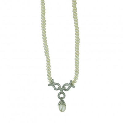 Sterling Silver Necklace 'Y' White Fresh Water Pearl with Cubic Zirconia Hook+Drop