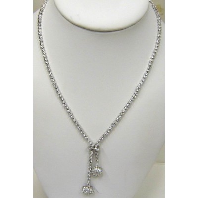 Sterling Silver Necklace Cubic Zirconia Chain+Pave Cubic Zirconia Heart Ends with Baguett
