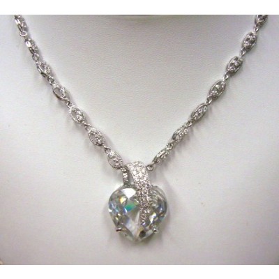 Sterling Silver Necklace Chess Cut Clear Cubic Zirconia Heart with Marcasite Toggle To