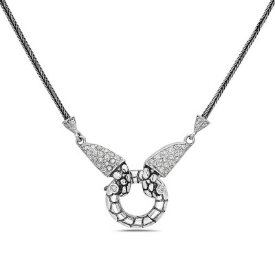 Sterling Silver Necklace Oxidized Multicolor Oval Toggle+2 Clear Cubic Zirconia with
