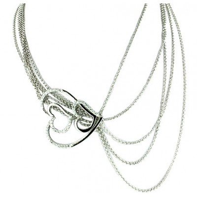 Sterling Silver Necklace Plain+Cubic Zirconia Open Heart with 5 Strand Rolo C