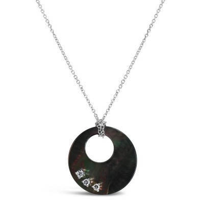 Sterling Silver Necklace Open Round Black Mother of Pearl with 3Pc Cubic Zirconia
