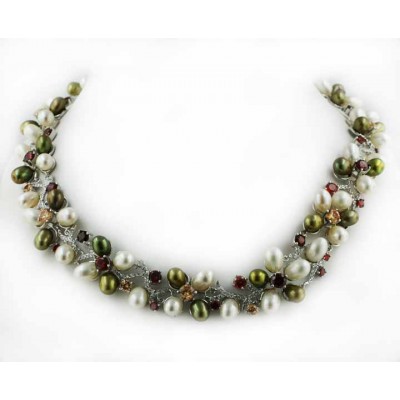 Sterling Silver Necklace White+Olive Fresh Water Pearl with Garnet +Champagne Cubic Zirconia
