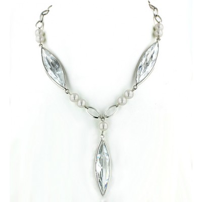 Sterling Silver Necklace Y Shaped with Marquis Clear Cubic Zirconia+9 White Pea