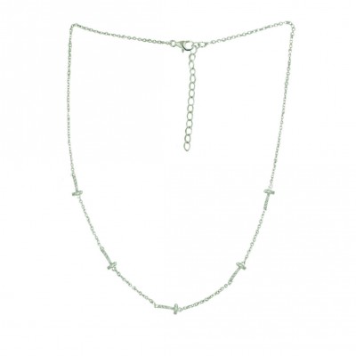 Sterling Silver Necklace Chain with 5 Clear Cubic Zirconia Initial 'T' 16+2"