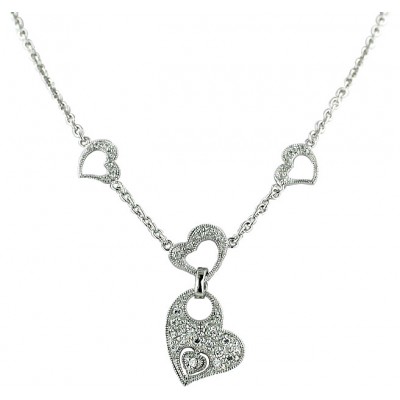 Sterling Silver Necklace Pave Cubic Zirconia Open Heart Rolo Chain 16+2"