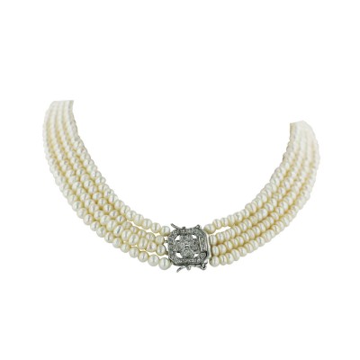 Sterling Silver Necklace 4 Strand White Fresh Water Pearl with 4 Clear Cubic Zirconia Heart P