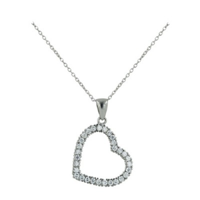 Sterling Silver Necklace 16 In+2 in Ext. Open Clear Cubic Zirconia Slanted Heart-