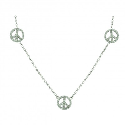 Sterling Silver Necklace 16+2" Chain with 3 Clear Cubic Zirconia Open Peace Sym