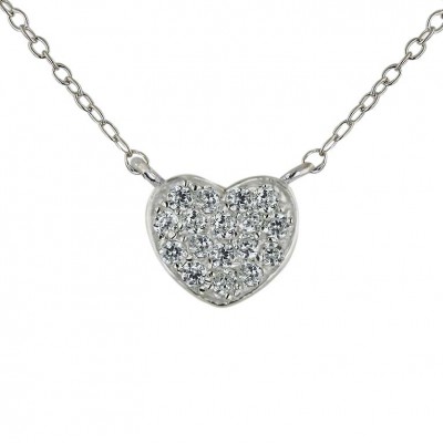 Sterling Silver Necklace 16 In. 11mm Clear Cubic Zirconia Heart Bezel Set--Rhodium Plating/Nickle Free-