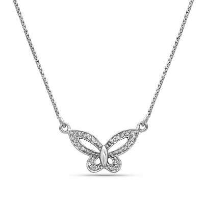 Sterling Silver Necklace 16 In. Clear Cubic Zirconia Open Butterfly with Box Chain--