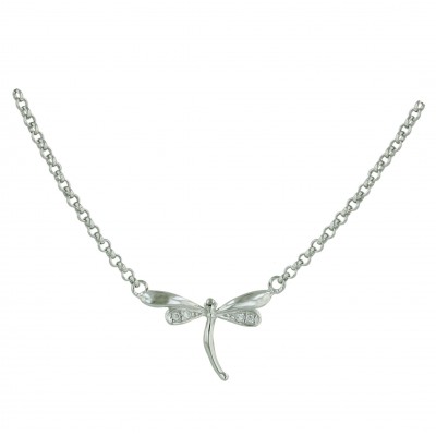 Sterling Silver Necklace 16+2 In. Chain with Silver+Clear Cubic Zirconia Dragonf