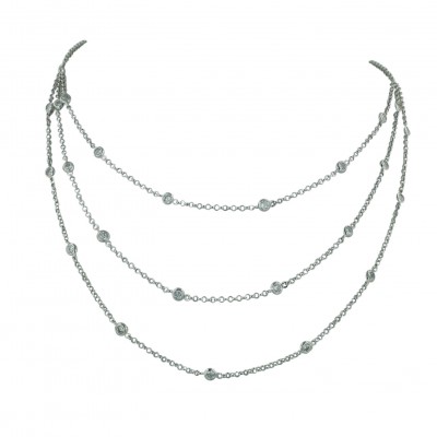 Sterling Silver Necklace 26 In. 3 Strand Clear Cubic Zirconia Bezel Drape--Rhodium Plating