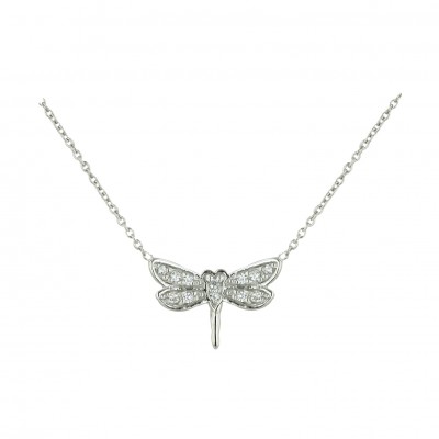 Sterling Silver Necklace 16+2 In. Ext. Clear Cubic Zirconia Dragonfly