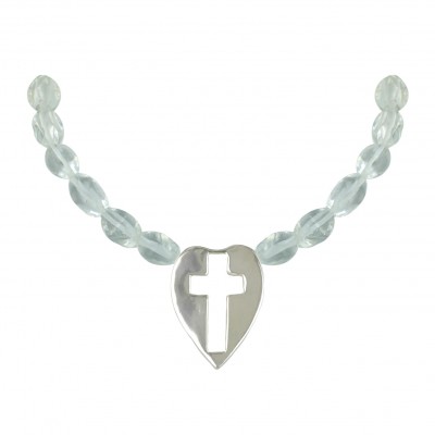 Sterling Silver Necklace Clear Crystal Bead with Heart Open Cro