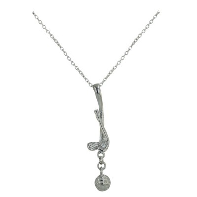 Sterling Silver Necklace 16 In.+2 In. Ext Clear Cubic Zirconia Hockey Stick with Hamm