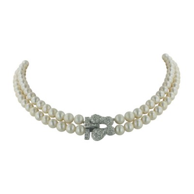 Sterling Silver Necklace 2 Strand Fresh Water Pearl with Clear Cubic Zirconia Closure