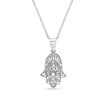 Sterling Silver Necklace Hamsa Plain+Bail with 18" Cable Chain+2"Ext with