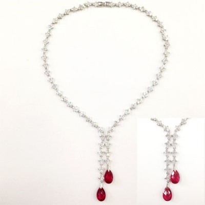 Sterling Silver Necklace Clear Cubic Zirconia Flower+Ruby Teardrop--18
