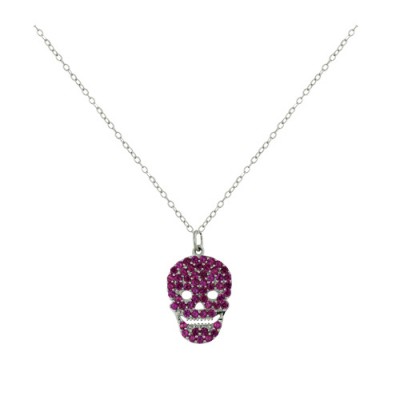 Sterling Silver Necklace Fuchsia Cubic Zirconia Paved Smiling Skull