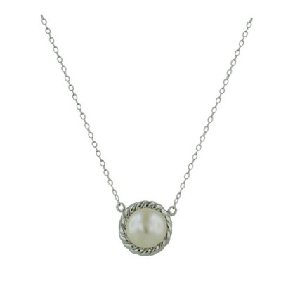 Sterling Silver Necklace 10mm Potato Fresh Water Pearl on Rope Design Bezel