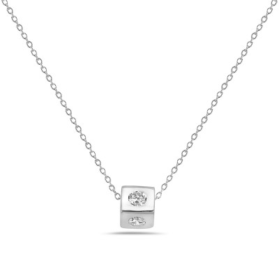 Sterling Silver Necklace Cube with Clear Cubic Zirconia on Four Side Thin Chain
