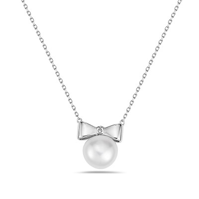 Sterling Silver Necklace Silver Bow 10mm Potato Fresh Water Pearl