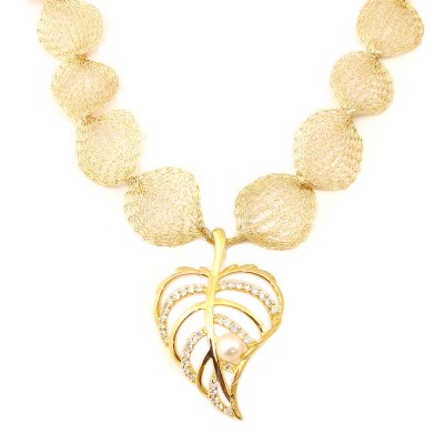 Sterling Silver Necklace Open Leaf Clear Cubic Zirconia with 5mm Fresh Water Pearl Gold