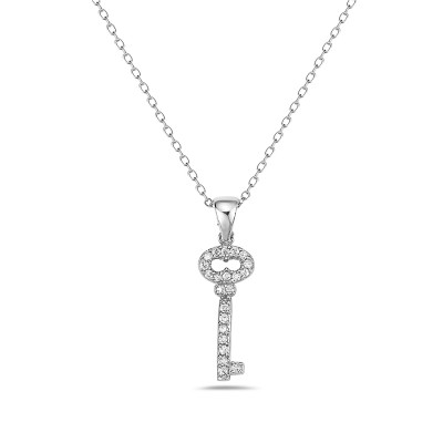 Sterling Silver Necklace 20mm Key Open Oval Top with Clear Cubic Zirconia