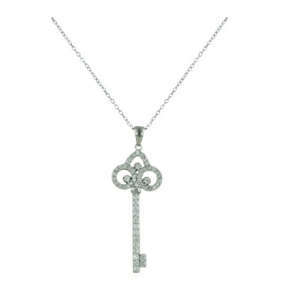 Sterling Silver Necklace 40mm Key Fleur Di Lis Top with Clear Cubic Zirconia